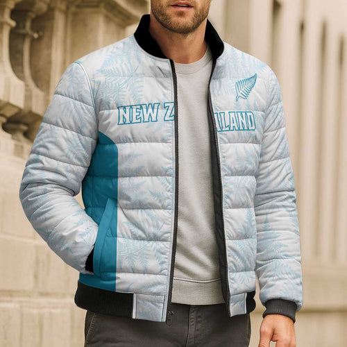 Custom New Zealand Silver Fern Football Bomber Puffer Jacket Come On All White - Aussie Hoodie