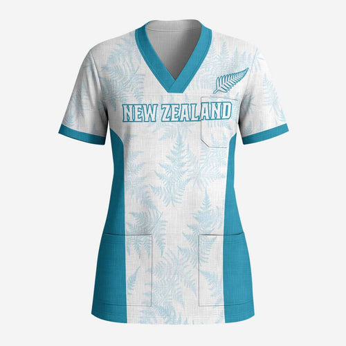 Custom New Zealand Silver Fern Football Scrub Top Come On All White - Aussie Hoodie