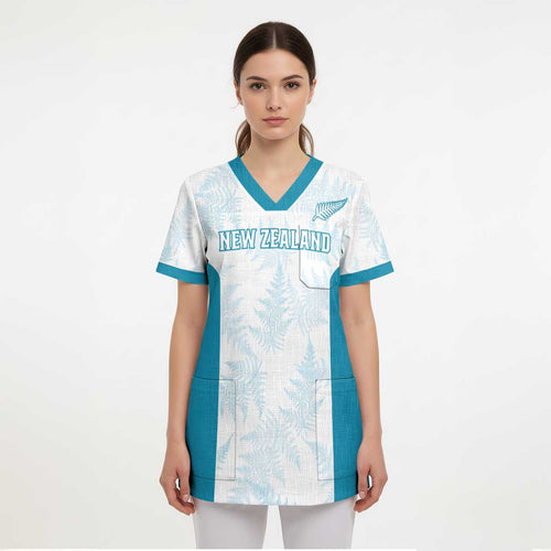 Custom New Zealand Silver Fern Football Scrub Top Come On All White - Aussie Hoodie