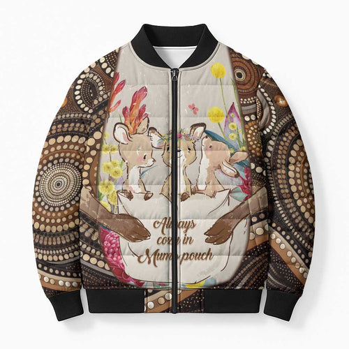 Kangaroo Australia Mother's Day Personalised Bomber Puffer Jacket Always Cozy In Mum’s Pouch Aboriginal Art