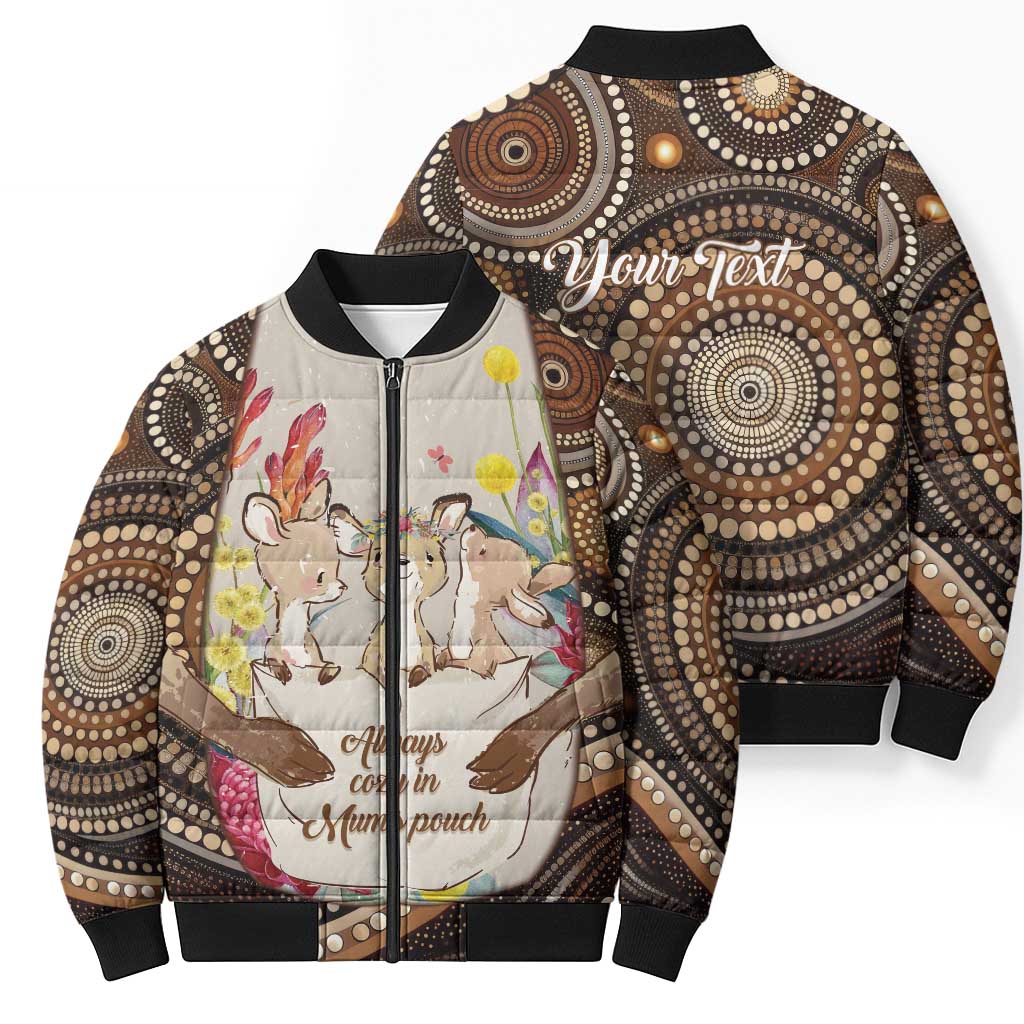 Kangaroo Australia Mother's Day Personalised Bomber Puffer Jacket Always Cozy In Mum’s Pouch Aboriginal Art