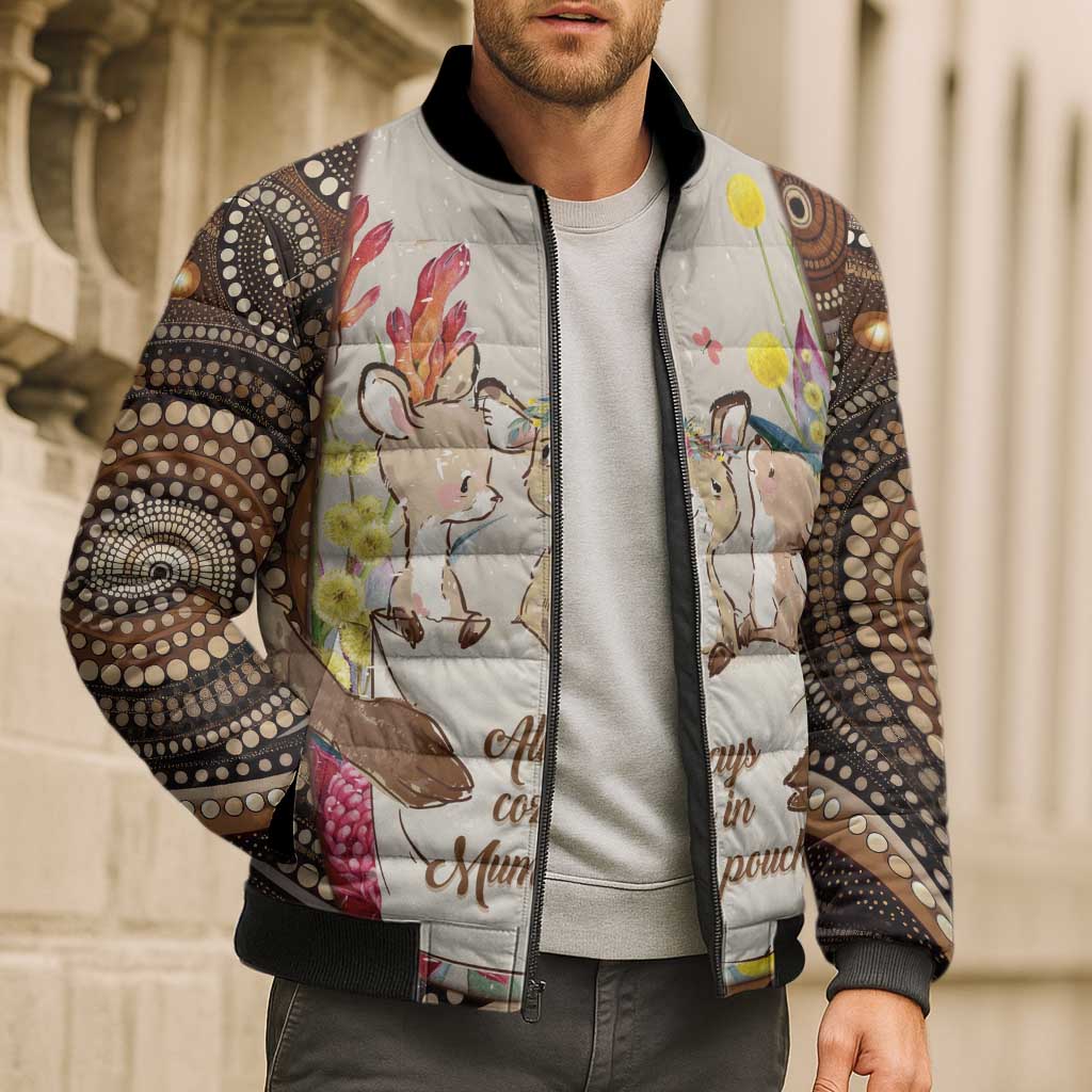Kangaroo Australia Mother's Day Personalised Bomber Puffer Jacket Always Cozy In Mum’s Pouch Aboriginal Art