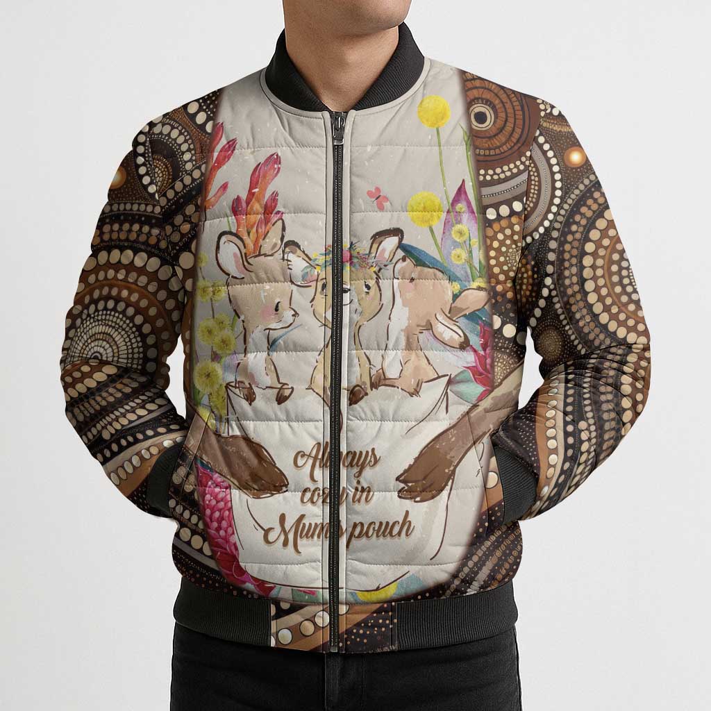 Kangaroo Australia Mother's Day Personalised Bomber Puffer Jacket Always Cozy In Mum’s Pouch Aboriginal Art