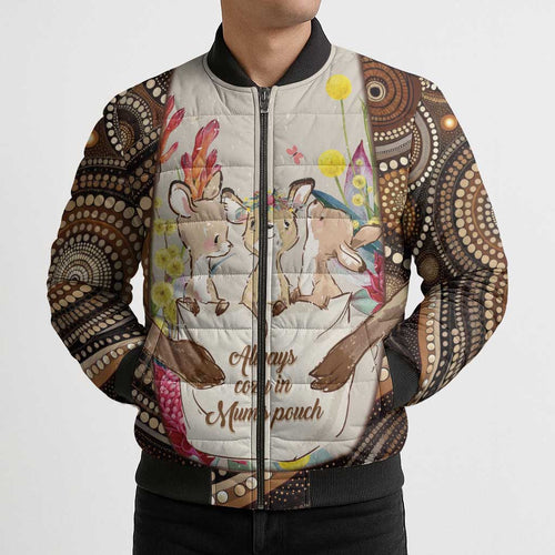 Kangaroo Australia Mother's Day Personalised Bomber Puffer Jacket Always Cozy In Mum’s Pouch Aboriginal Art