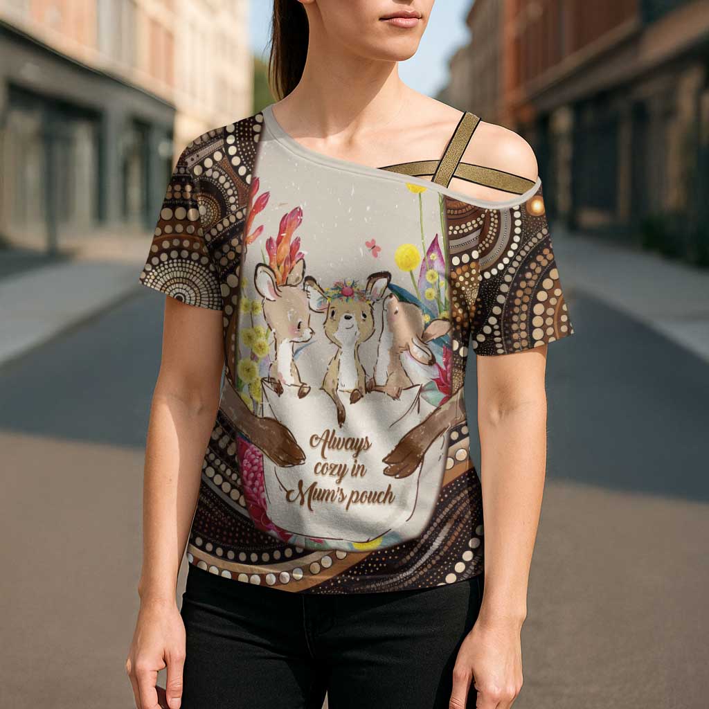 Kangaroo Australia Mother's Day Personalised Cross Shoulder Shirt Always Cozy In Mum’s Pouch Aboriginal Art