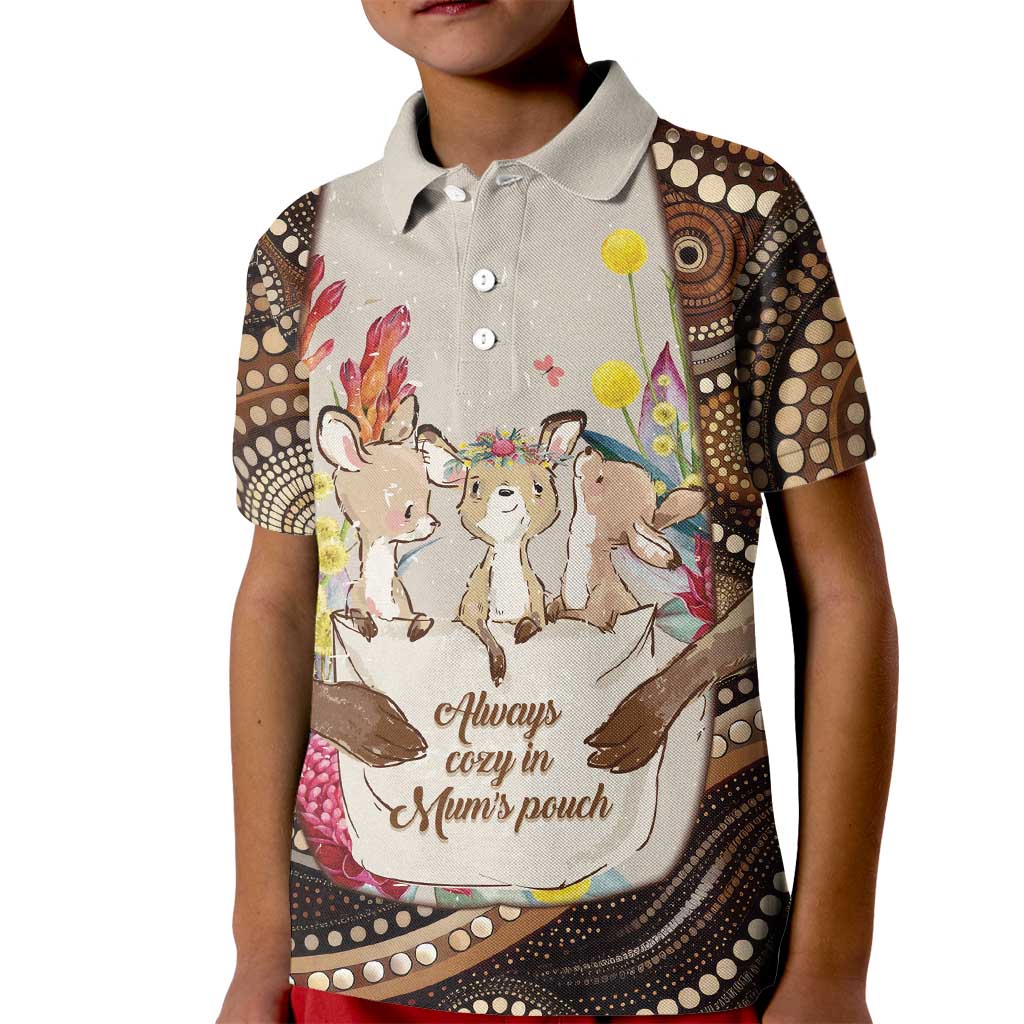 Kangaroo Australia Mother's Day Personalised Kid Polo Shirt Always Cozy In Mum’s Pouch Aboriginal Art