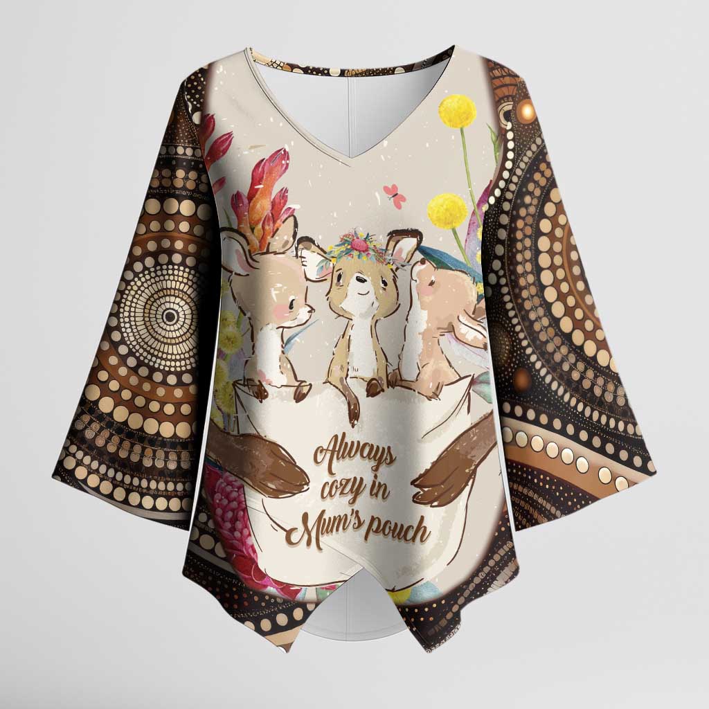 Kangaroo Australia Mother's Day Personalised Kimono Sleeve Blouse Always Cozy In Mum’s Pouch Aboriginal Art