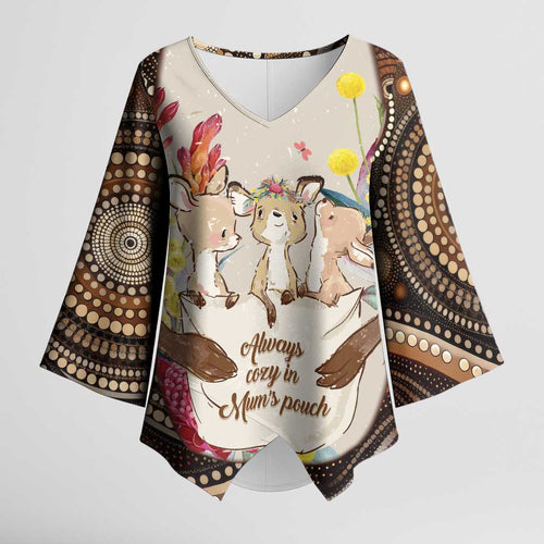 Kangaroo Australia Mother's Day Personalised Kimono Sleeve Blouse Always Cozy In Mum’s Pouch Aboriginal Art