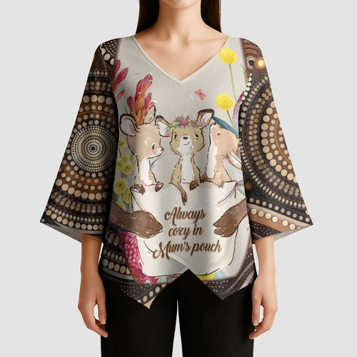 Kangaroo Australia Mother's Day Personalised Kimono Sleeve Blouse Always Cozy In Mum’s Pouch Aboriginal Art
