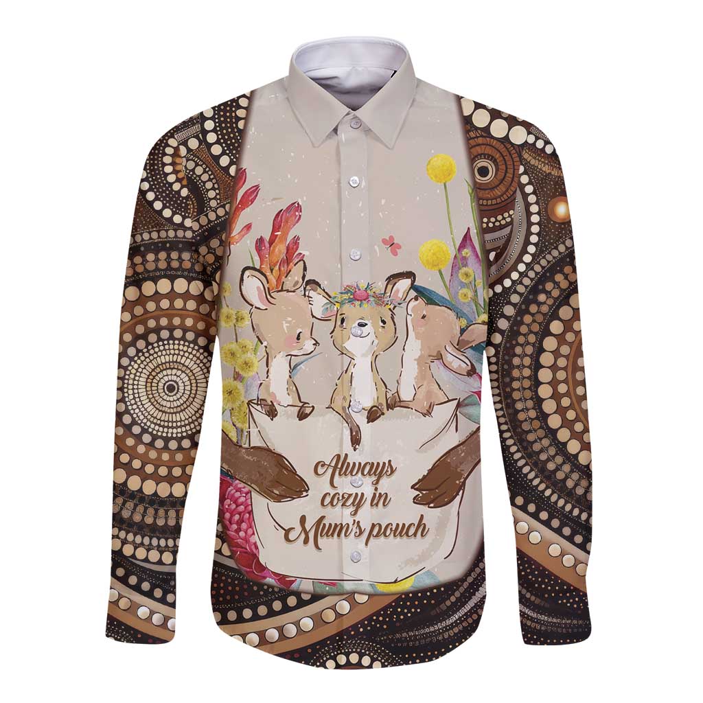 Kangaroo Australia Mother's Day Personalised Long Sleeve Button Shirt Always Cozy In Mum’s Pouch Aboriginal Art