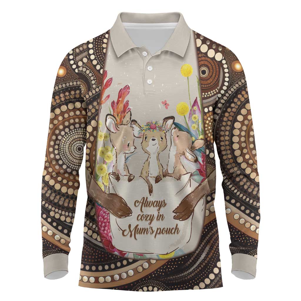 Kangaroo Australia Mother's Day Personalised Long Sleeve Polo Shirt Always Cozy In Mum’s Pouch Aboriginal Art