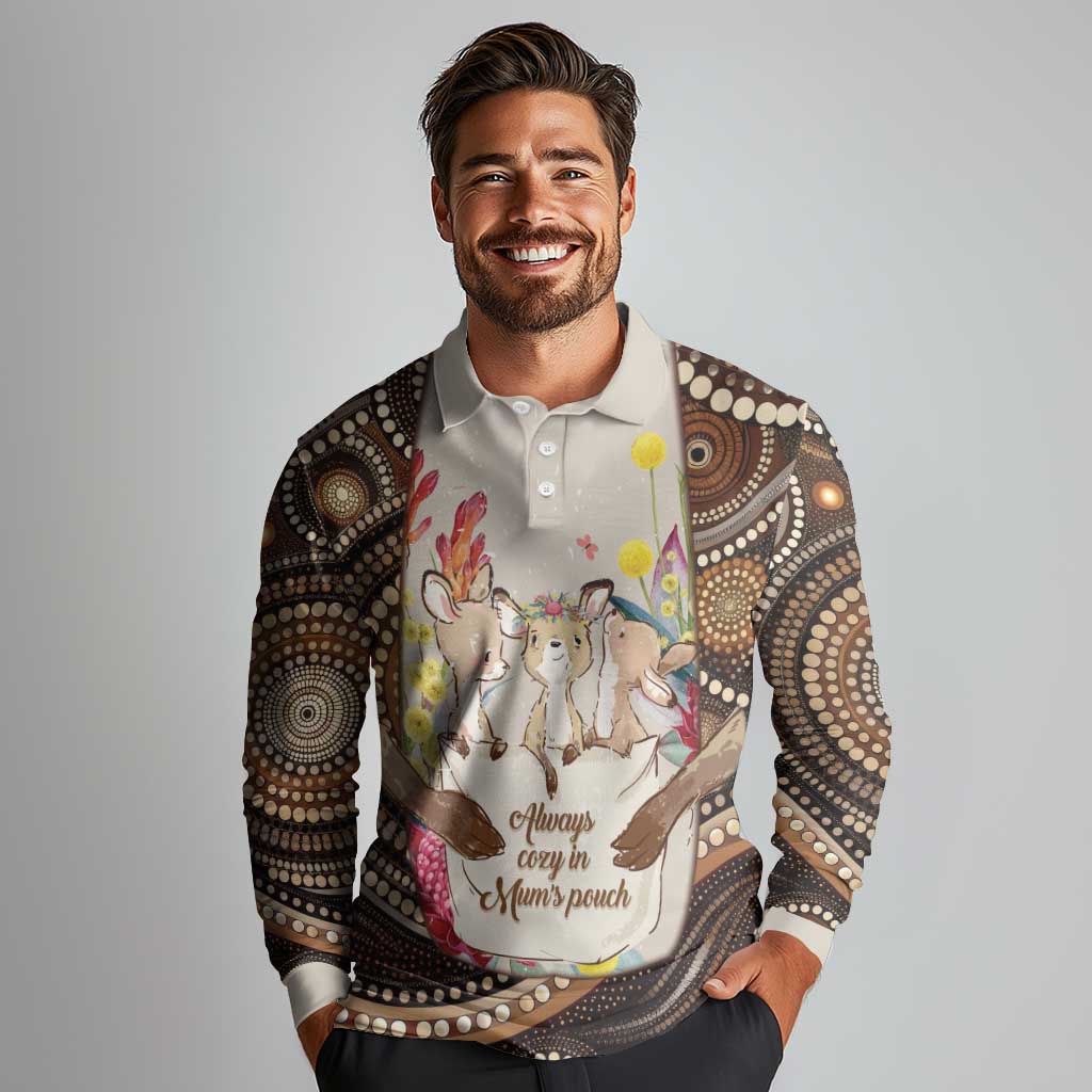 Kangaroo Australia Mother's Day Personalised Long Sleeve Polo Shirt Always Cozy In Mum’s Pouch Aboriginal Art