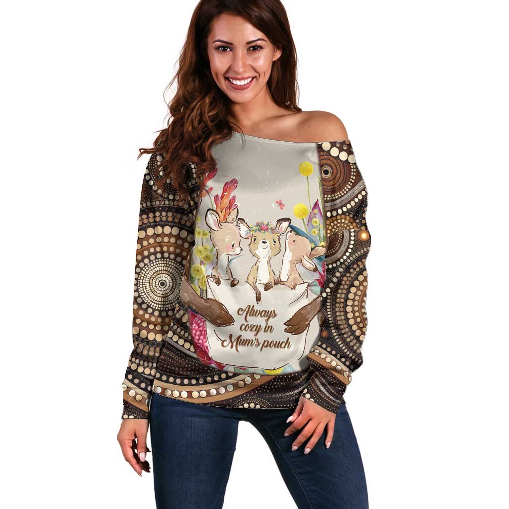 Kangaroo Australia Mother's Day Personalised Off Shoulder Sweater Always Cozy In Mum’s Pouch Aboriginal Art