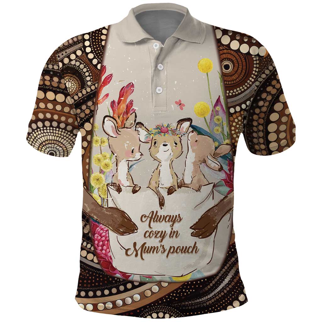 Kangaroo Australia Mother's Day Personalised Polo Shirt Always Cozy In Mum’s Pouch Aboriginal Art