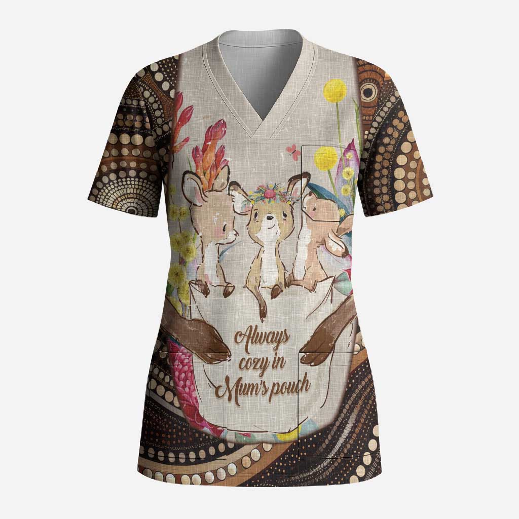 Kangaroo Australia Mother's Day Personalised Scrub Top Always Cozy In Mum’s Pouch Aboriginal Art