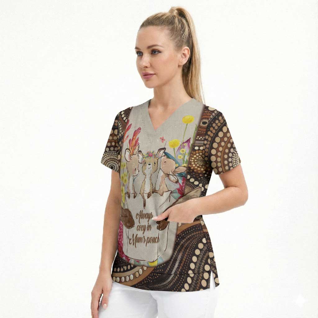 Kangaroo Australia Mother's Day Personalised Scrub Top Always Cozy In Mum’s Pouch Aboriginal Art