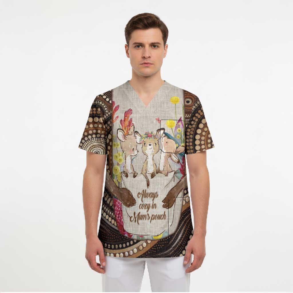 Kangaroo Australia Mother's Day Personalised Scrub Top Always Cozy In Mum’s Pouch Aboriginal Art