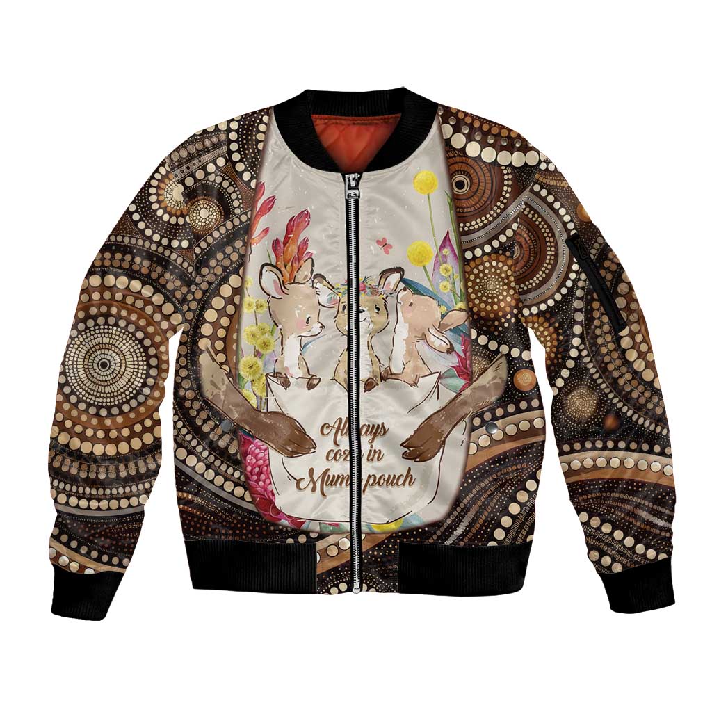 Kangaroo Australia Mother's Day Personalised Sleeve Zip Bomber Jacket Always Cozy In Mum’s Pouch Aboriginal Art