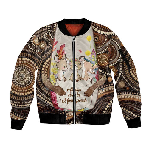 Kangaroo Australia Mother's Day Personalised Sleeve Zip Bomber Jacket Always Cozy In Mum’s Pouch Aboriginal Art