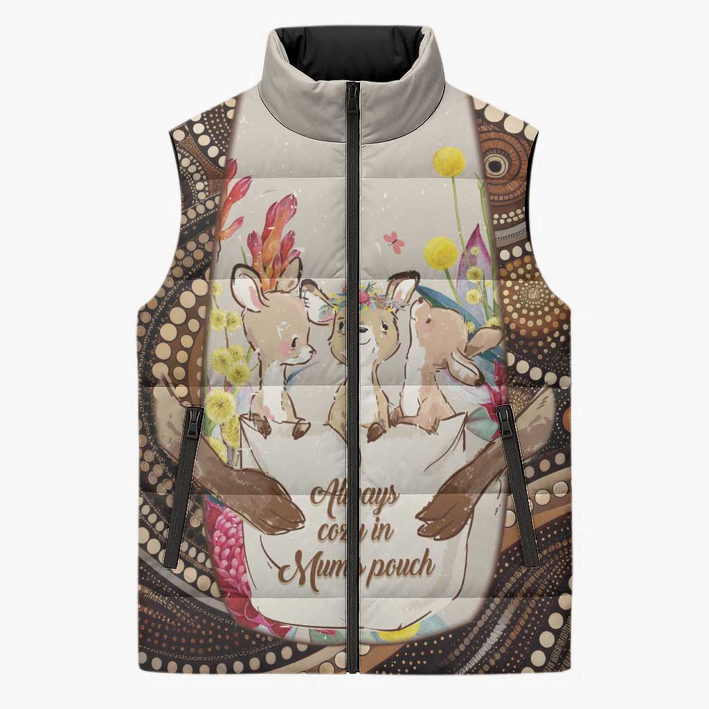 Kangaroo Australia Mother's Day Personalised Sleeveless Puffer Jacket Always Cozy In Mum’s Pouch Aboriginal Art