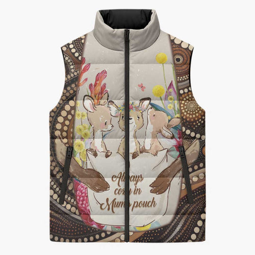 Kangaroo Australia Mother's Day Personalised Sleeveless Puffer Jacket Always Cozy In Mum’s Pouch Aboriginal Art