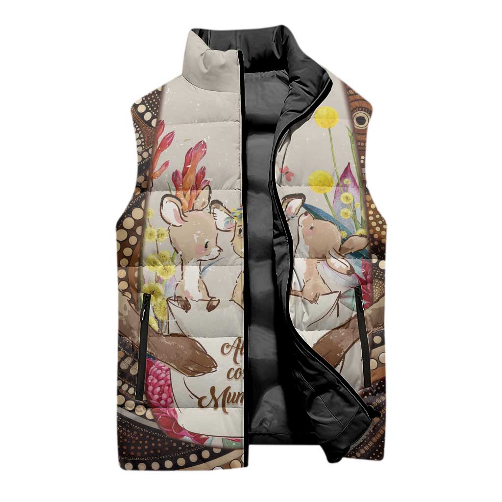 Kangaroo Australia Mother's Day Personalised Sleeveless Puffer Jacket Always Cozy In Mum’s Pouch Aboriginal Art