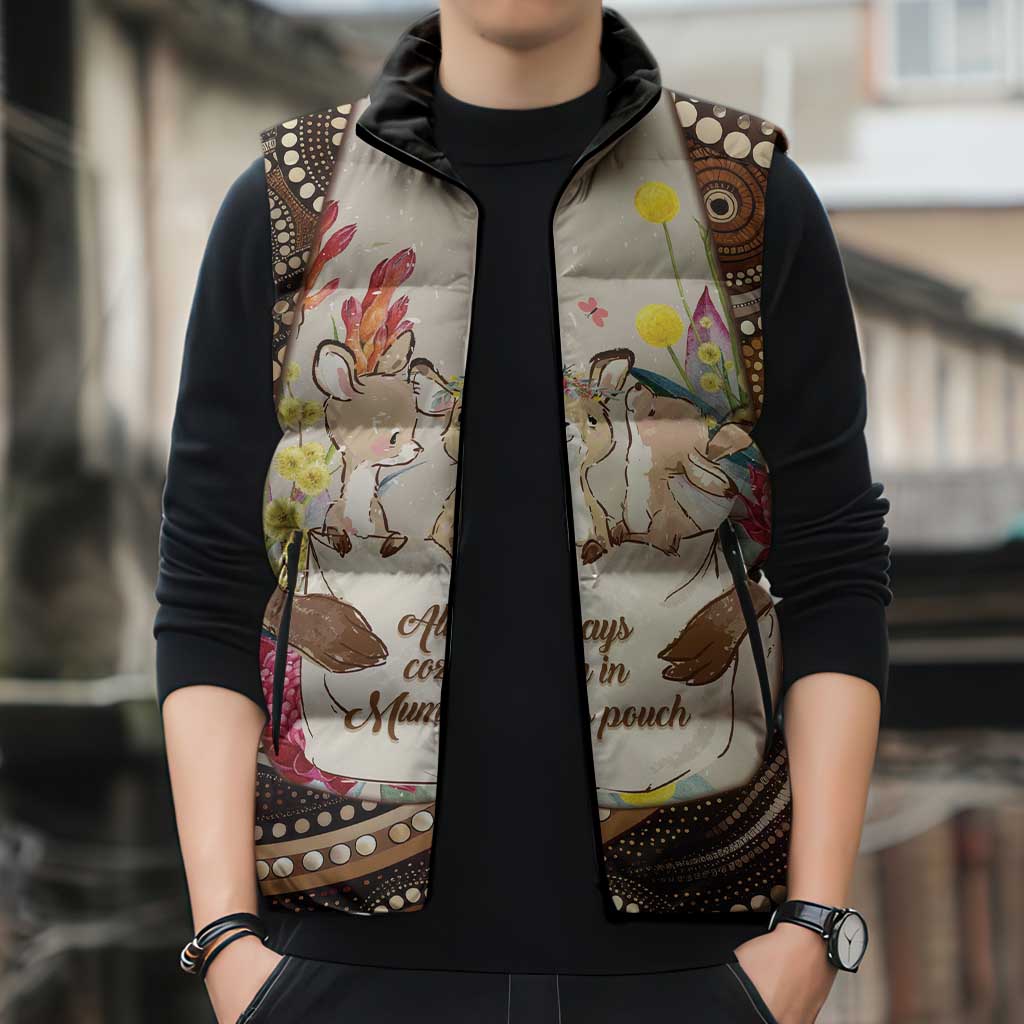 Kangaroo Australia Mother's Day Personalised Sleeveless Puffer Jacket Always Cozy In Mum’s Pouch Aboriginal Art