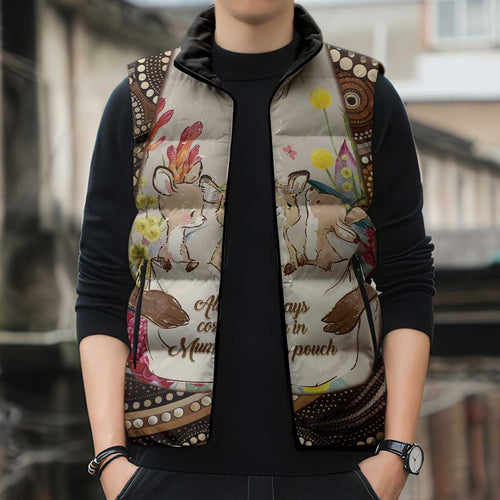 Kangaroo Australia Mother's Day Personalised Sleeveless Puffer Jacket Always Cozy In Mum’s Pouch Aboriginal Art