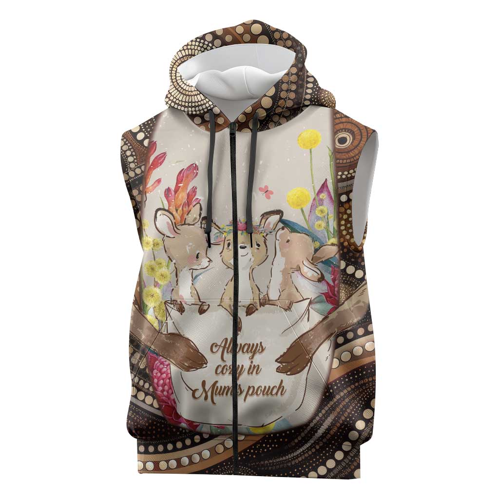 Kangaroo Australia Mother's Day Personalised Sleeveless Zip Hoodie Always Cozy In Mum’s Pouch Aboriginal Art