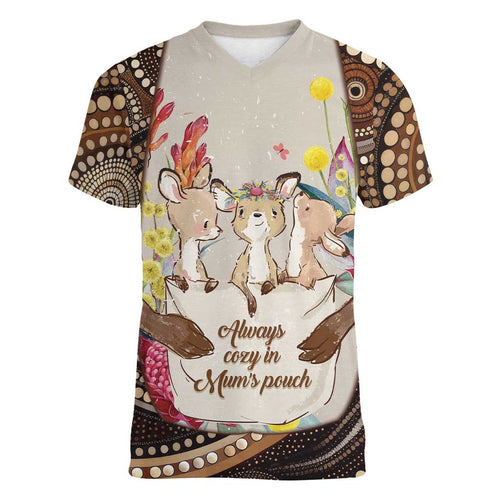 Kangaroo Australia Mother's Day Personalised Women V-Neck T-Shirt Always Cozy In Mum’s Pouch Aboriginal Art