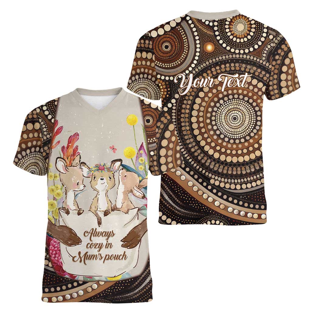 Kangaroo Australia Mother's Day Personalised Women V-Neck T-Shirt Always Cozy In Mum’s Pouch Aboriginal Art