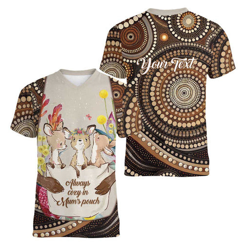 Kangaroo Australia Mother's Day Personalised Women V-Neck T-Shirt Always Cozy In Mum’s Pouch Aboriginal Art
