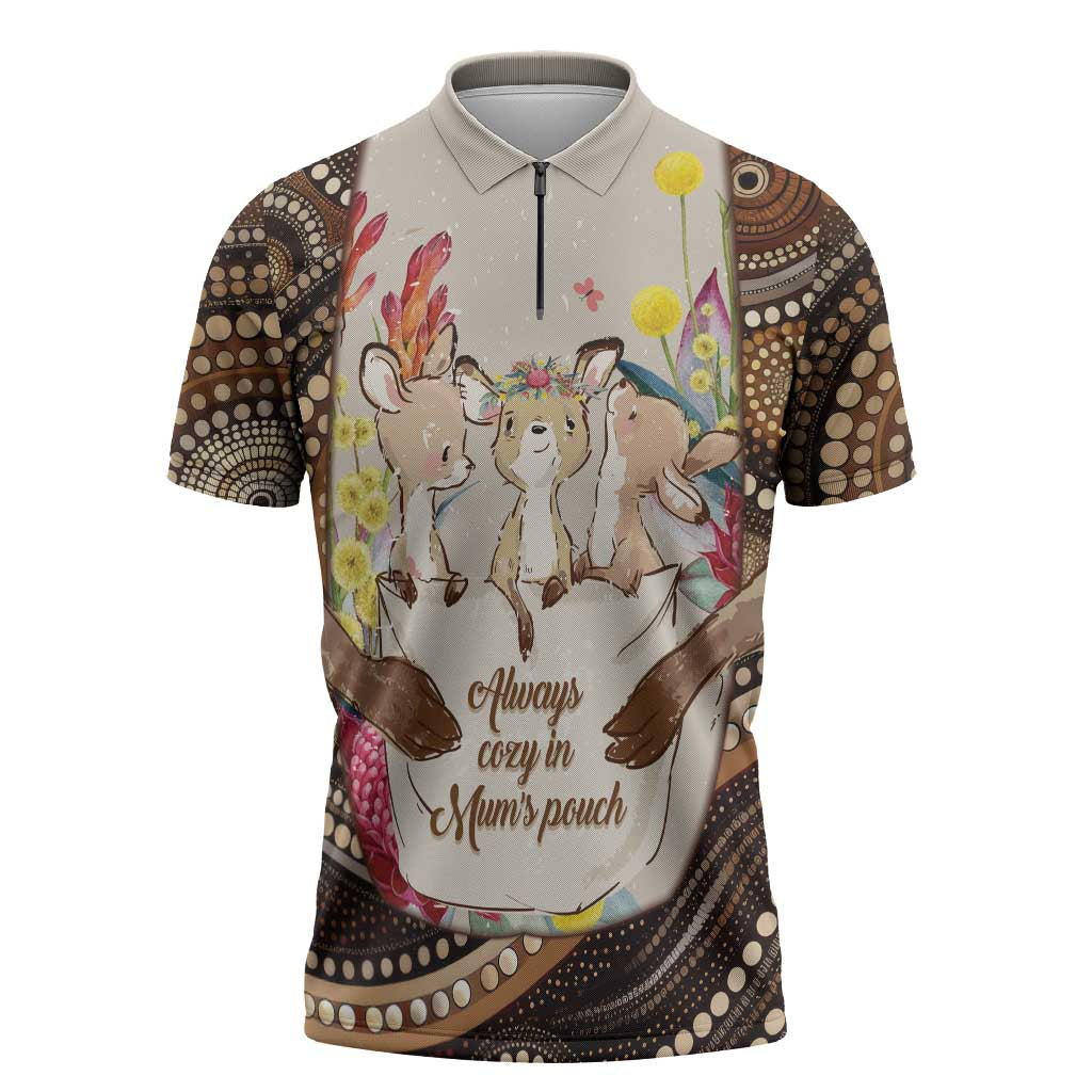 Kangaroo Australia Mother's Day Personalised Zipper Polo Shirt Always Cozy In Mum’s Pouch Aboriginal Art