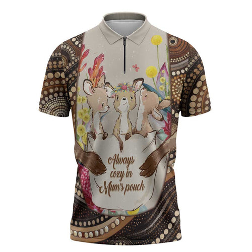 Kangaroo Australia Mother's Day Personalised Zipper Polo Shirt Always Cozy In Mum’s Pouch Aboriginal Art