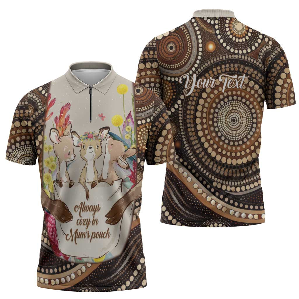 Kangaroo Australia Mother's Day Personalised Zipper Polo Shirt Always Cozy In Mum’s Pouch Aboriginal Art