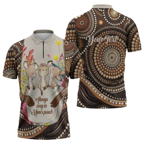 Kangaroo Australia Mother's Day Personalised Zipper Polo Shirt Always Cozy In Mum’s Pouch Aboriginal Art