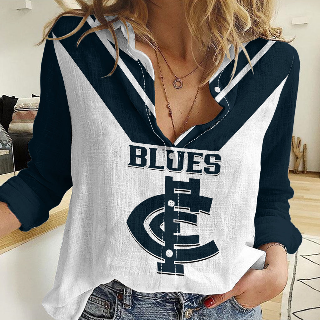 Personalised Carlton Football 2023 Women Casual Shirt Go Blues White Simple Style LT14