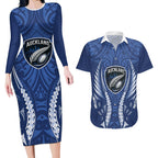 Auckland 2026 Rugby Custom Couples Matching Long Sleeve Bodycon Dress and Hawaiian Shirt NZ Maori Silver Fern