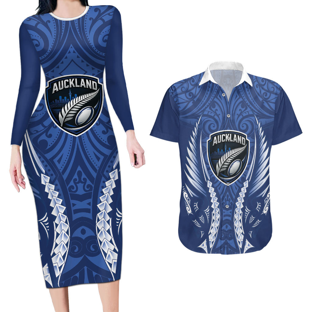 Auckland 2026 Rugby Custom Couples Matching Long Sleeve Bodycon Dress and Hawaiian Shirt NZ Maori Silver Fern