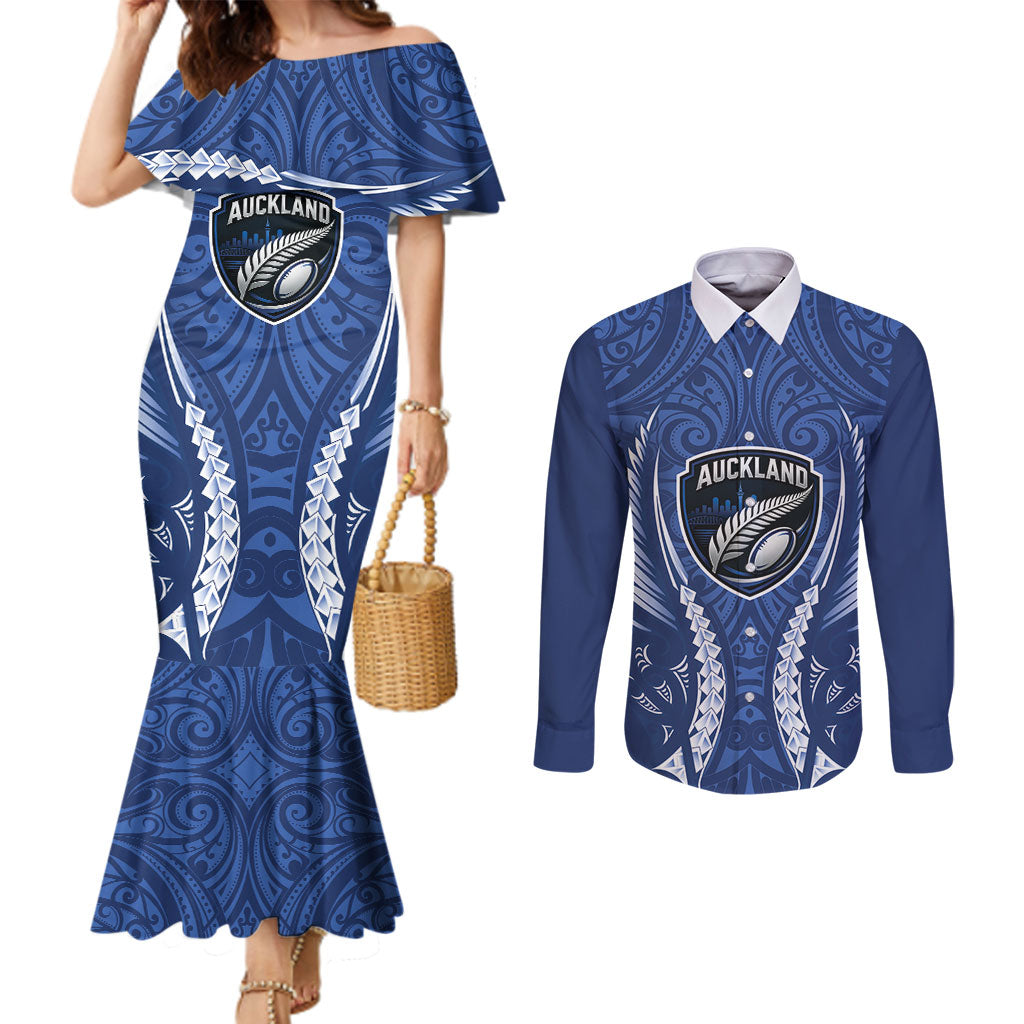 Auckland 2026 Rugby Custom Couples Matching Mermaid Dress and Long Sleeve Button Shirt NZ Maori Silver Fern