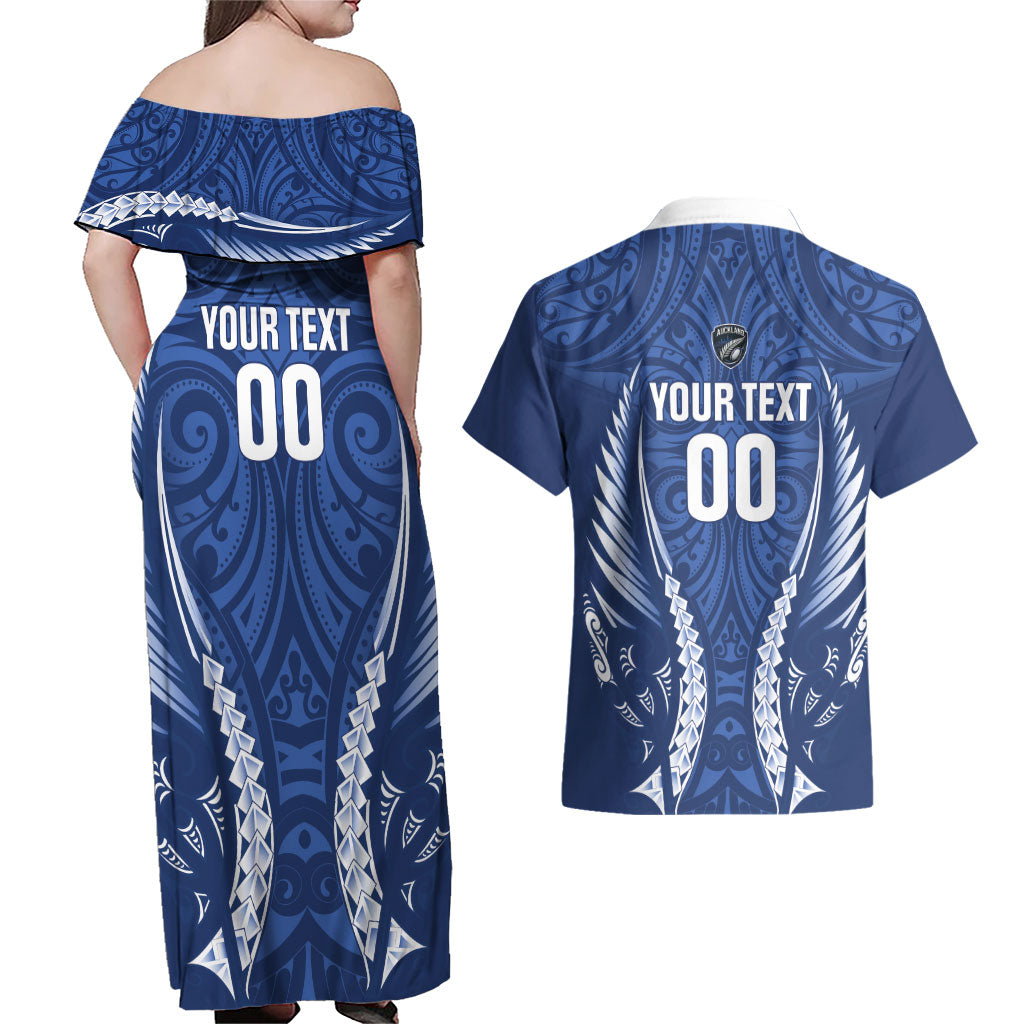 Auckland 2026 Rugby Custom Couples Matching Off Shoulder Maxi Dress and Hawaiian Shirt NZ Maori Silver Fern