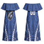 Auckland 2026 Rugby Custom Couples Matching Off Shoulder Maxi Dress and Hawaiian Shirt NZ Maori Silver Fern LT14