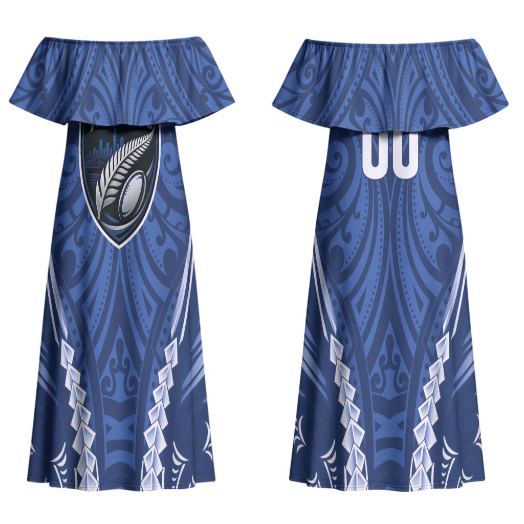 Auckland 2026 Rugby Custom Couples Matching Off Shoulder Maxi Dress and Hawaiian Shirt NZ Maori Silver Fern LT14