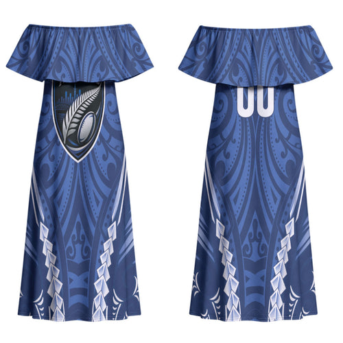 Auckland 2026 Rugby Custom Couples Matching Off Shoulder Maxi Dress and Hawaiian Shirt NZ Maori Silver Fern LT14