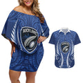 Auckland 2026 Rugby Custom Couples Matching Off Shoulder Short Dress and Hawaiian Shirt NZ Maori Silver Fern
