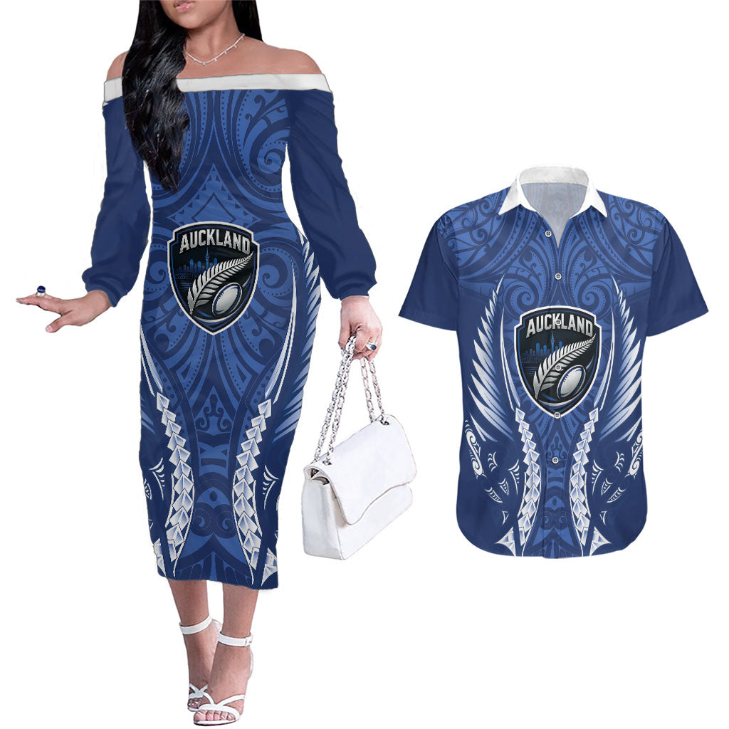Auckland 2026 Rugby Custom Couples Matching Off The Shoulder Long Sleeve Dress and Hawaiian Shirt NZ Maori Silver Fern