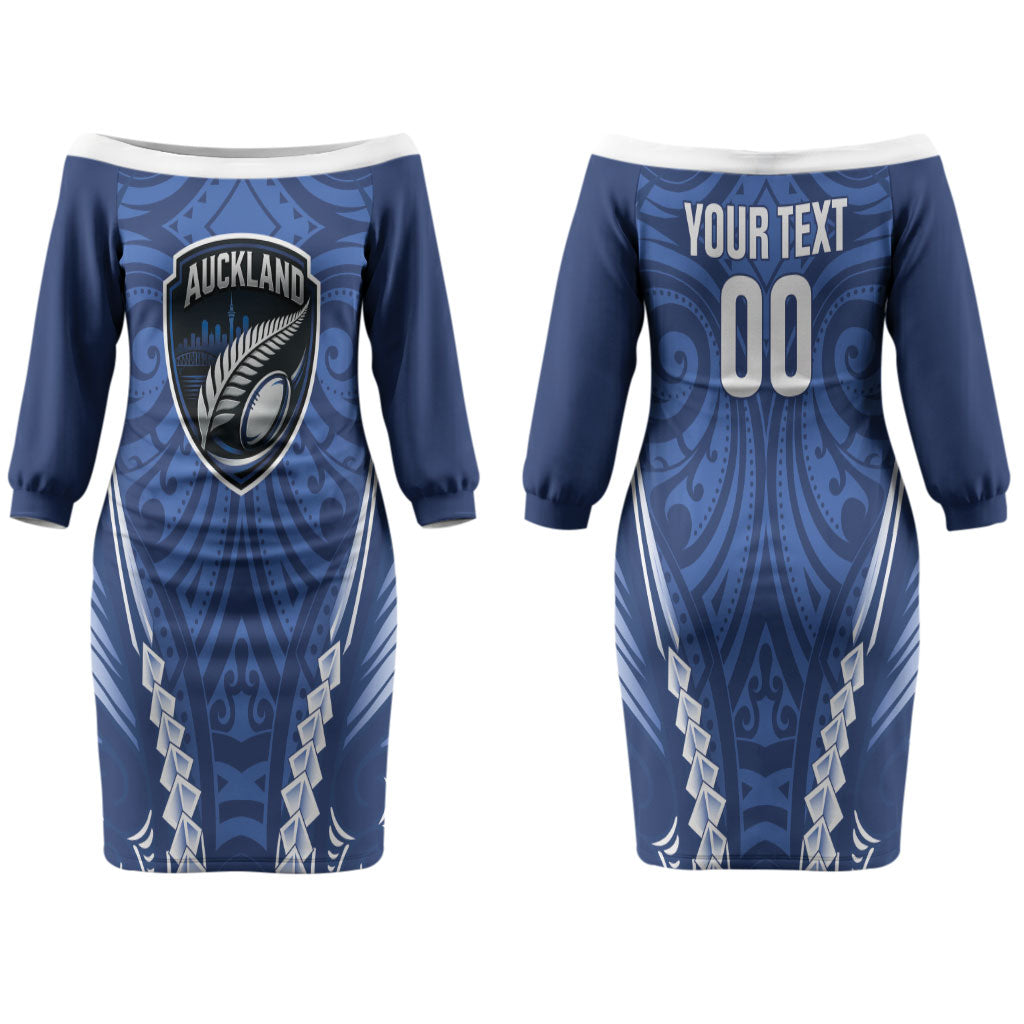 Auckland 2026 Rugby Custom Couples Matching Off The Shoulder Long Sleeve Dress and Hawaiian Shirt NZ Maori Silver Fern LT14