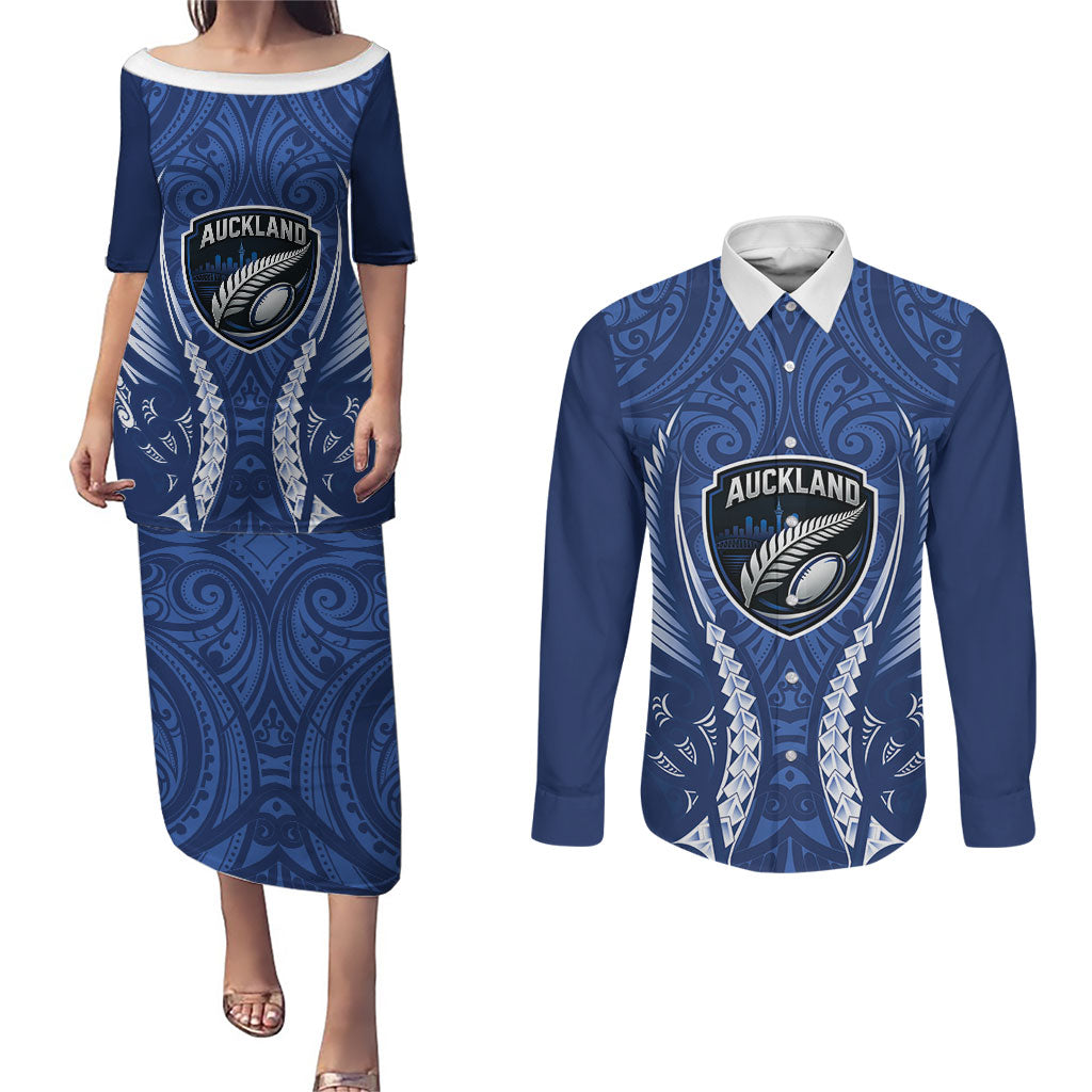 Auckland 2026 Rugby Custom Couples Matching Puletasi and Long Sleeve Button Shirt NZ Maori Silver Fern