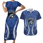 Auckland 2026 Rugby Custom Couples Matching Short Sleeve Bodycon Dress and Hawaiian Shirt NZ Maori Silver Fern