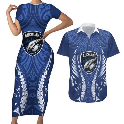 Auckland 2026 Rugby Custom Couples Matching Short Sleeve Bodycon Dress and Hawaiian Shirt NZ Maori Silver Fern
